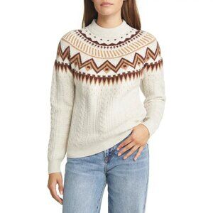 NWT Calson Nordstrom Fair Isle Cable Knit Sweater cream white tan brown medium